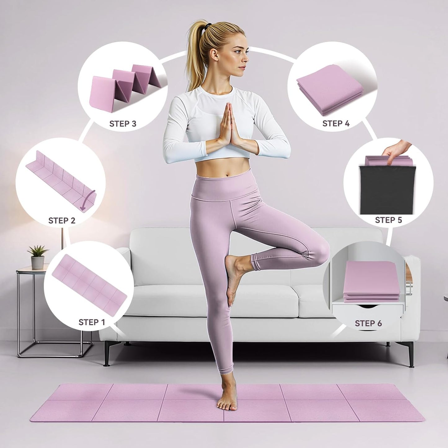 Foldable Yoga Mat Thick Non-Slip Exercise Mat - Packable Travel Fitness Mat with Carrying Bag for Yoga, Pilates, Workout, Home & Gym