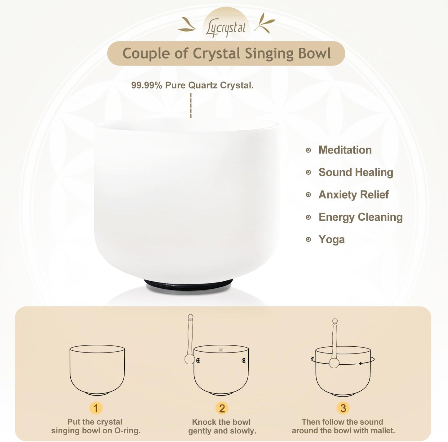 Couple of 2 PCS Yin and Yang Crystal Singing Bowl Set 8 Inch Black and 10 Inch White Mutual Attraction Bowls