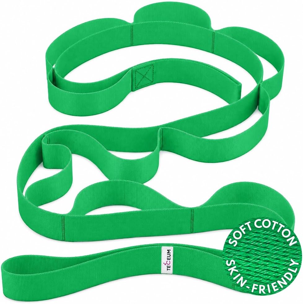 TECEUM Soft Cotton Stretching Strap for Sensitive Skin – Yoga Strap for Physical Therapy – 10 Loops Non-Elastic Stretch Band for Flexibility, Hamstring, Pilates & Rehab