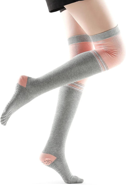 Verdancy Yoga Pilates Toe Socks - Toeless With Grips for Women, Non-Slip Cushioned Over Knee Thigh High