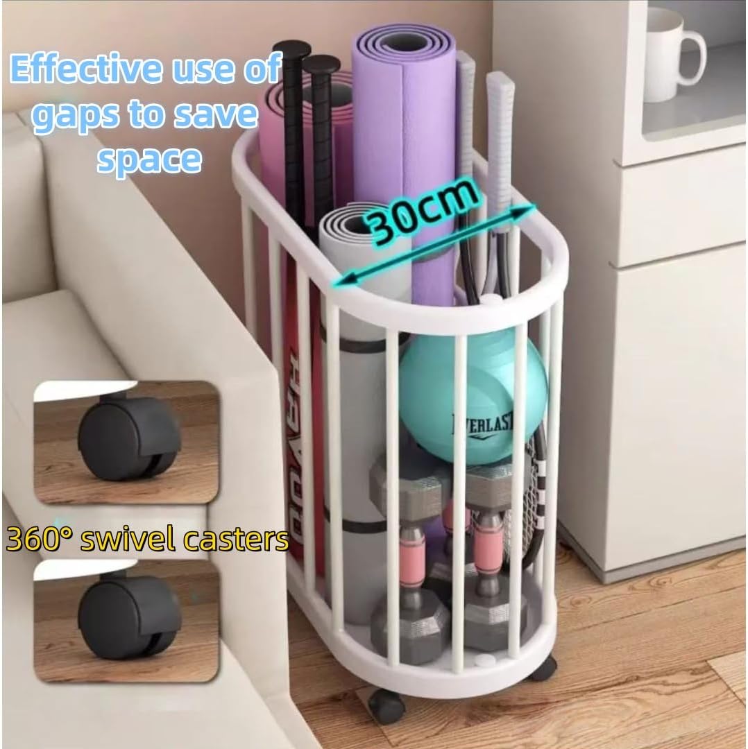 Yoga Mat Storage Rack with 360° Rotating Wheels, Home Gym Equipment Organizer, for Skateboard, Basketball, Tennis Racket, Barbell, Large-capacity Storage Basket for Household Toys Clothes