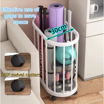Yoga Mat Storage Rack with 360° Rotating Wheels, Home Gym Equipment Organizer, for Skateboard, Basketball, Tennis Racket, Barbell, Large-capacity Storage Basket for Household Toys Clothes