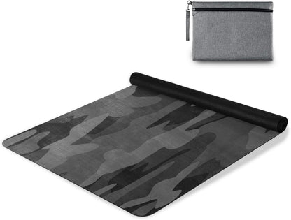 Travel Yoga Mat 71" x 24" Non Slip Natural Rubber Foldable Exercise Mat Ultra Thin 1.5mm Lightweight for Fitness, Pilates & Home Workout, Charcoal Black Grey Camo