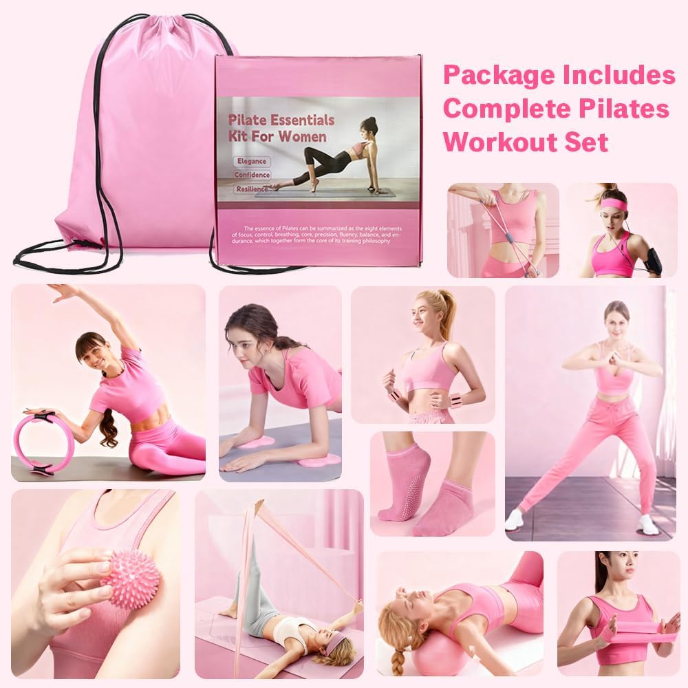 Pilates Equipment Set for Home Workouts –15in1 Home Pilates Kit with Ring and Ball Set, Resistance Bands, Pilates Yoga,Core Sliders & Ankle Weights, Pilates Essentials Kit