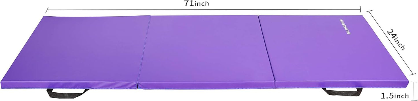 BalanceFrom 6x2 Feet 3-Panel Folding Gymnastics Mat – 1.5-Inch Thick Pad with Vinyl Surface and Carrying Handles for Tumbling, Yoga, Pilates, Home Workouts, and Martial Arts