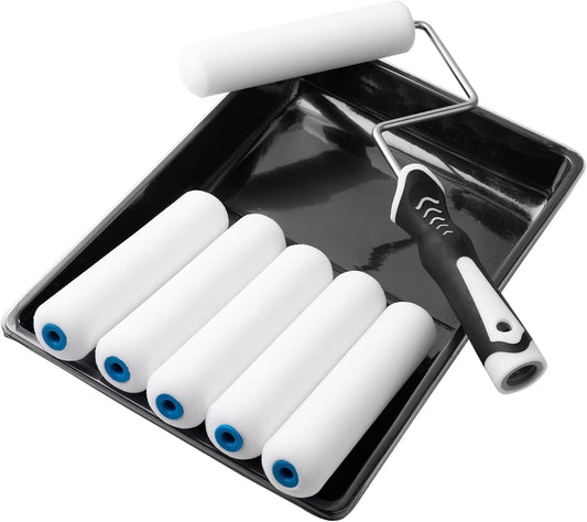 Mister Rui Paint Roller Kit, 9 Pack 6 Inch High Density Foam Paint Roller, Paint Tray with Liner, Mini Paint Rollers for Painting Walls, Small Paint Roller Tray Set