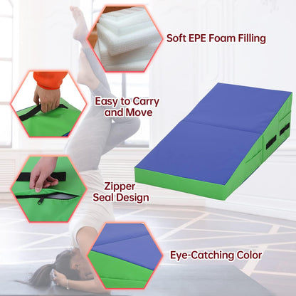 Gymnastics Mat 48”X24”X14” Incline Tumbling Mats for Home Gym, Folding Exercise Mat with Non-Slip PVC Surface & Handles, Cheese Wedge Mat for Kid Adults Workout