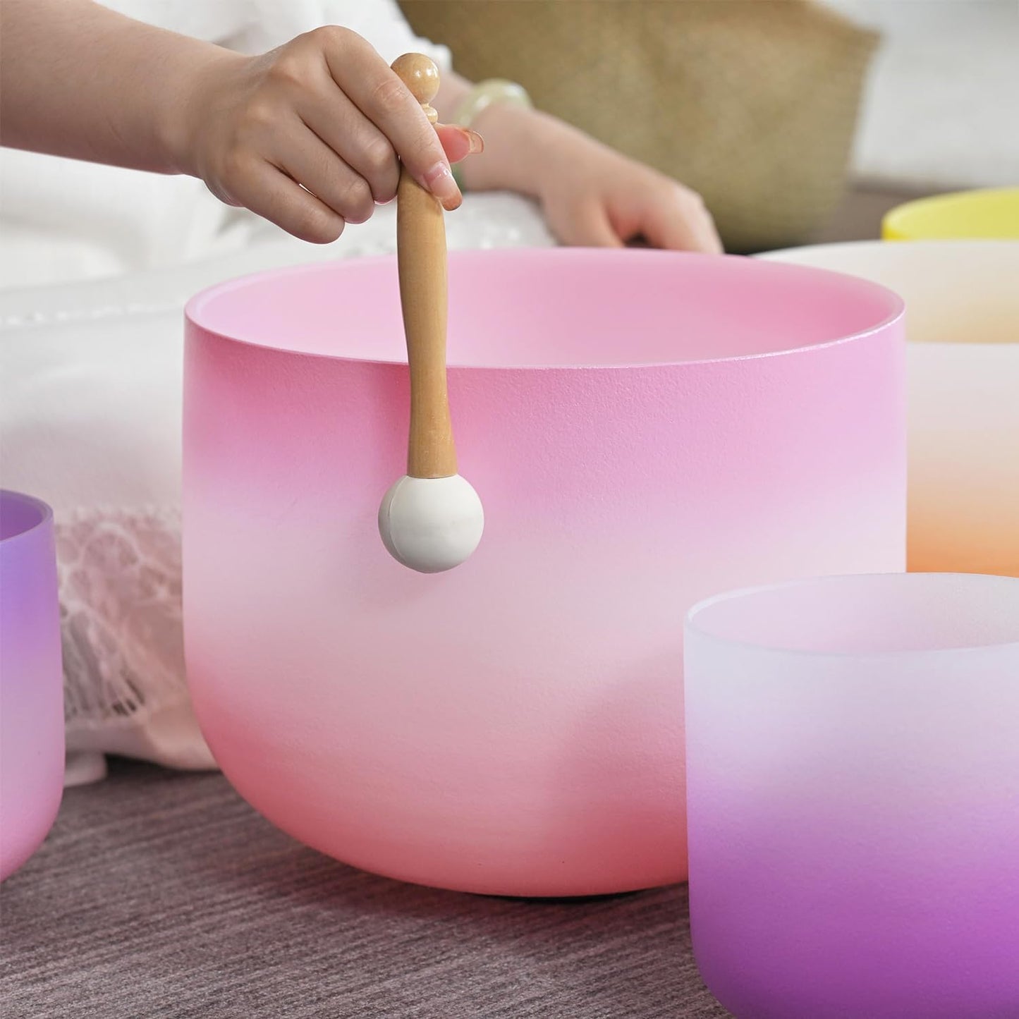 CVNC 432Hz 7-12 Inch Crystal Singing Bowl Set of 7 with 2 Pcs Carrying Case Bag, Frosted Quartz Crystal Sound Bowls for Chakra, Sound Therapy, Meditation Energy