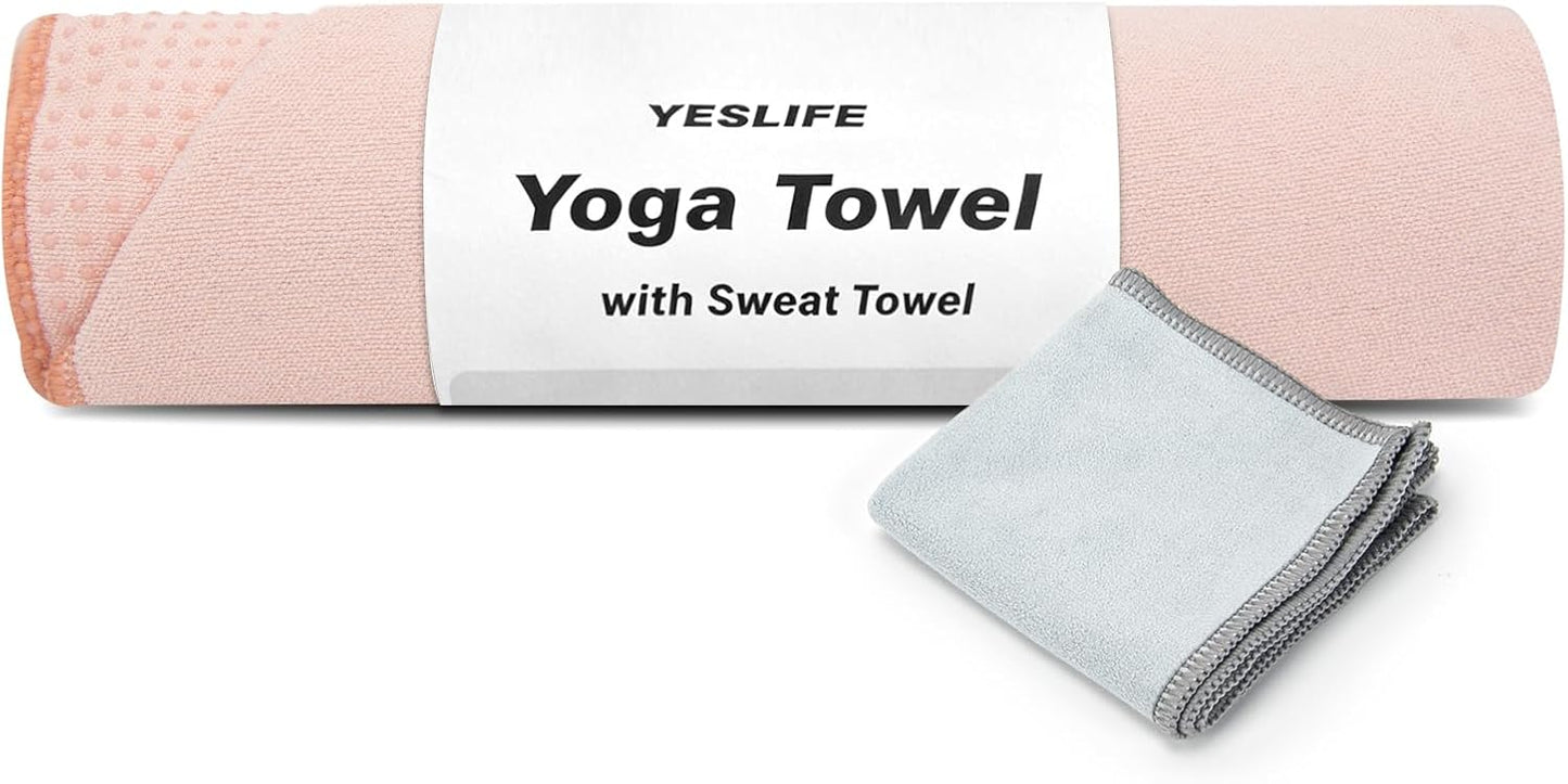 YESLIFE Non-Slip Extra Thick Hot Yoga Towel with One Sweat Towel, Microfiber Sweat Absorbent Yoga Mat Towel with Grip Dot, Pilates Mat, 72" x 24", Light Blue