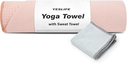 YESLIFE Non-Slip Extra Thick Hot Yoga Towel with One Sweat Towel, Microfiber Sweat Absorbent Yoga Mat Towel with Grip Dot, Pilates Mat, 72" x 24", Light Blue