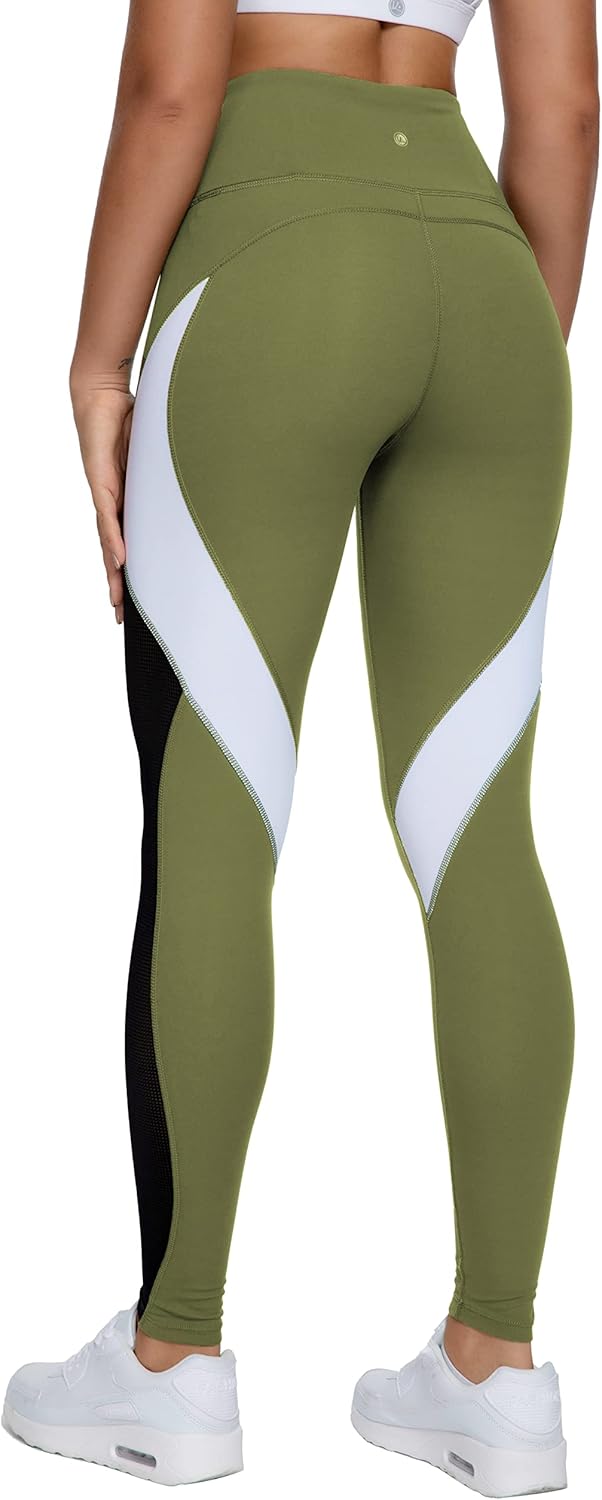 QUEENIEKE Women Yoga Pants Color Blocking Mesh Workout Running Leggings Tights