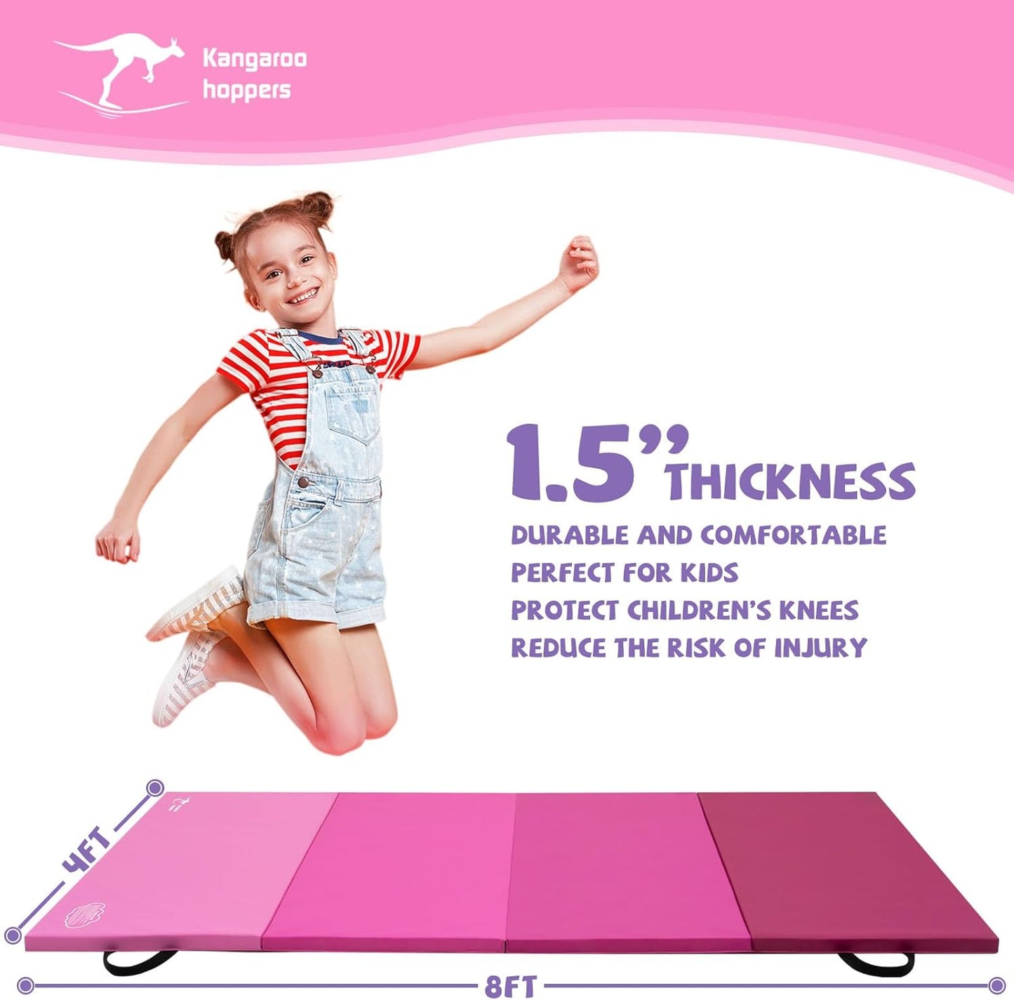 Kangaroo Hoppers Gymnastics Tumbling Mats for Kids, Foldable Gym Mat with Carrying Handles for Home Activity Play