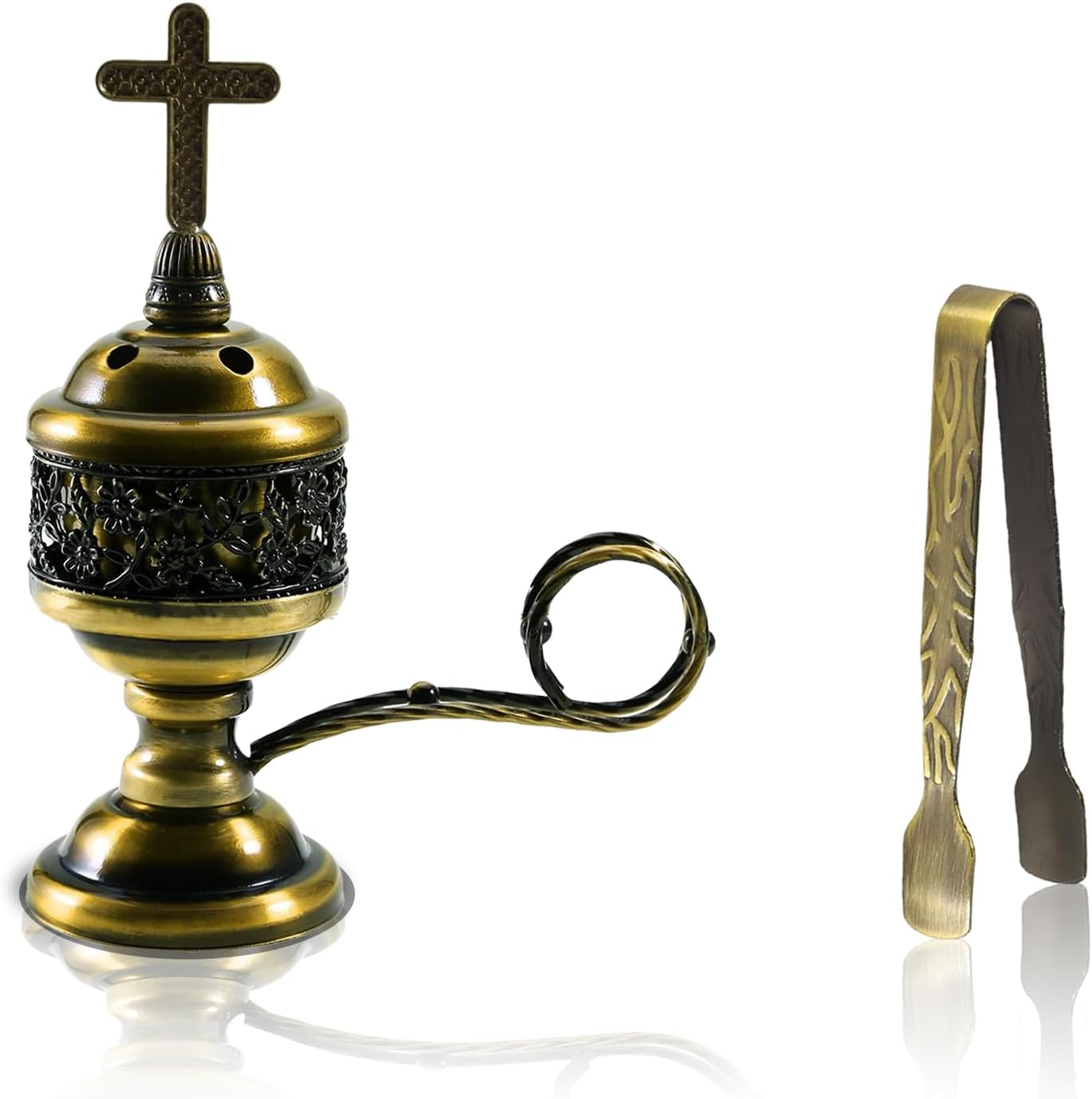 Gold Incense Burner with Tong – Frankincense Charcoal Incense Stand Aromatherapy, Yoga, Spa, Home Decor, and Church Use – Compact & Durable Bakhoor Holder