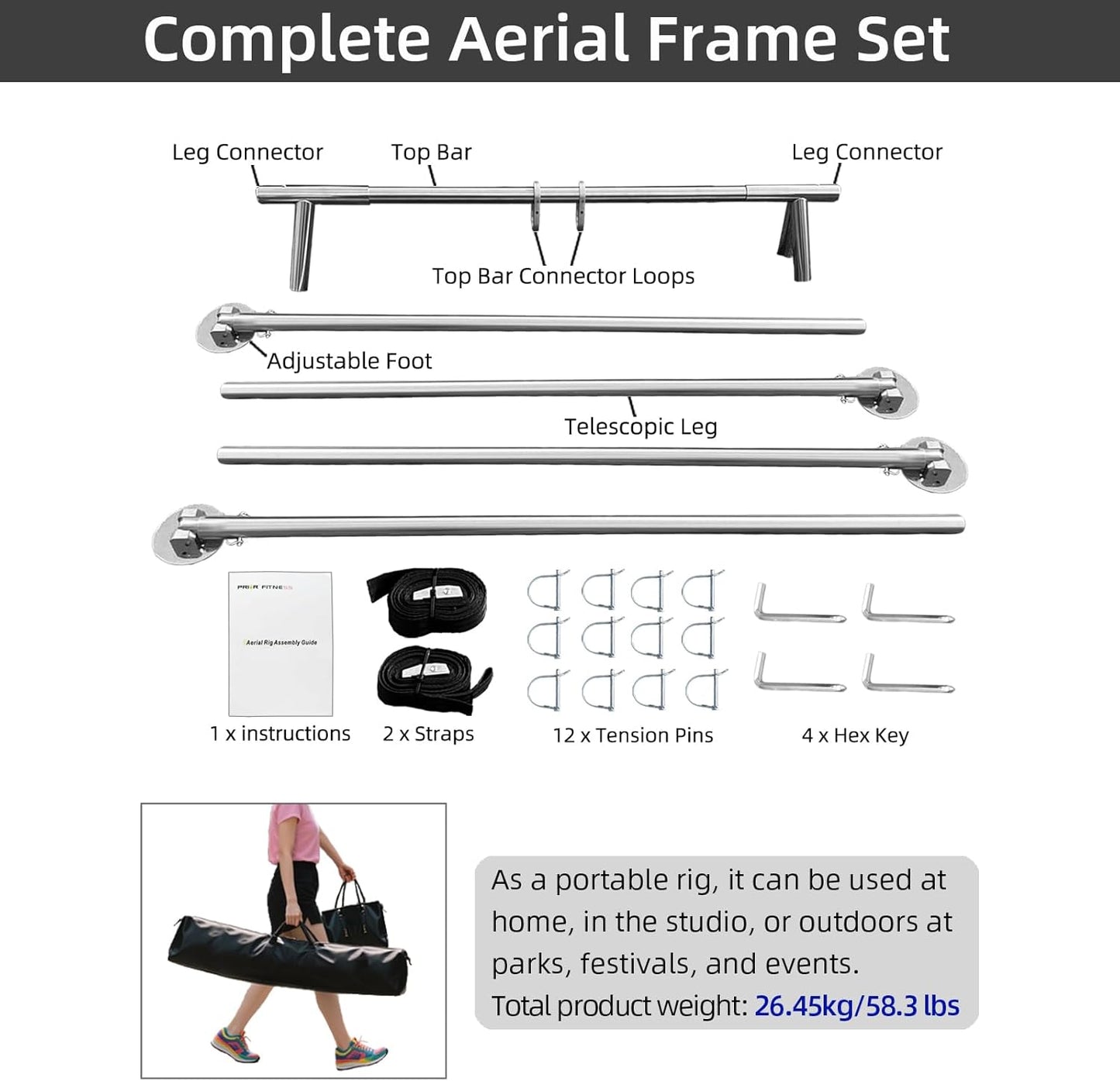 PRIOR FITNESS Aerial A-Frame Rig Set, CE & SGS Certified 730kgs/1610 lbs Capacity Aerial Yoga Stand W/Carrying Bag, for Hammocks, Silks & Hoops,Portable & Adjustable 5-11ft,Trapeze Swing Stand Frame