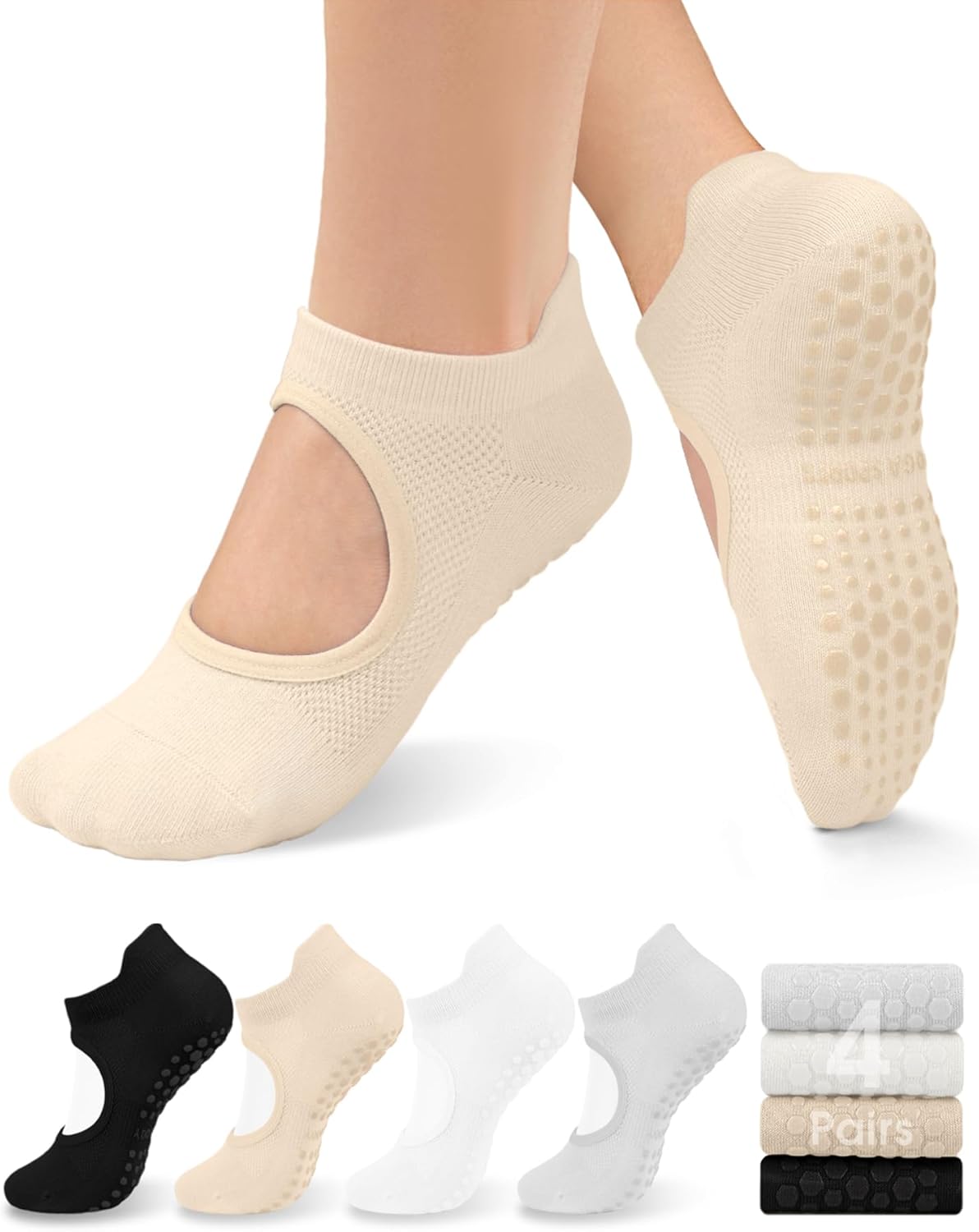 yeuG Pilates Socks for Women Non Slip Grip Socks for Yoga, Barre, Hospital, Barefoot Grippy Yoga Sock Womens Gifts 4 Pairs