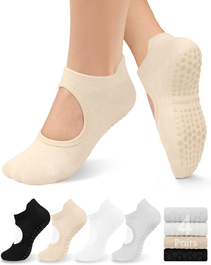 yeuG Pilates Socks for Women Non Slip Grip Socks for Yoga, Barre, Hospital, Barefoot Grippy Yoga Sock Womens Gifts 4 Pairs