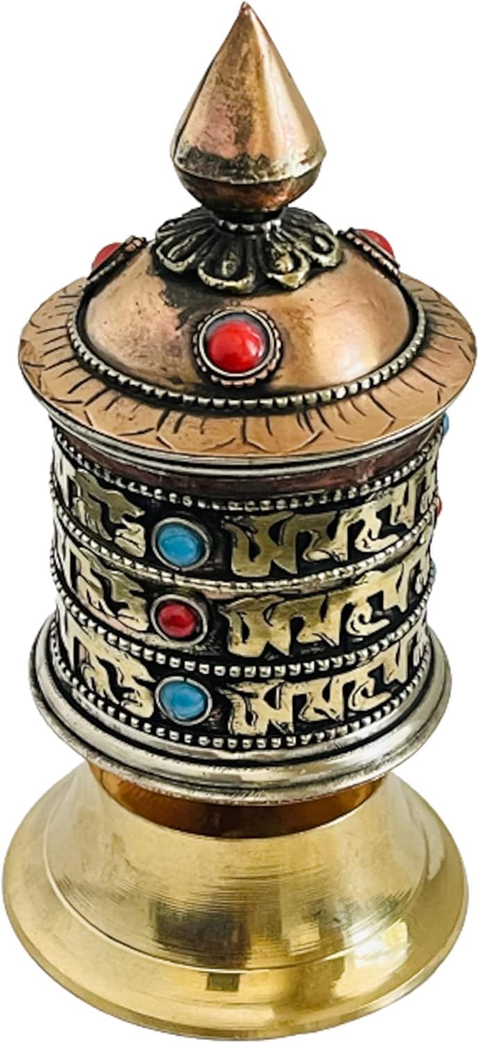 QT S Tibetan Hand Carved Table Top Prayer Wheel - Premium Spiritual/Relaxation/Meditation/Yoga Accessories Gift Set - Home & Zen Decor - Om Mani Padme Hum Mantra Made in Buddha born Country, Nepal