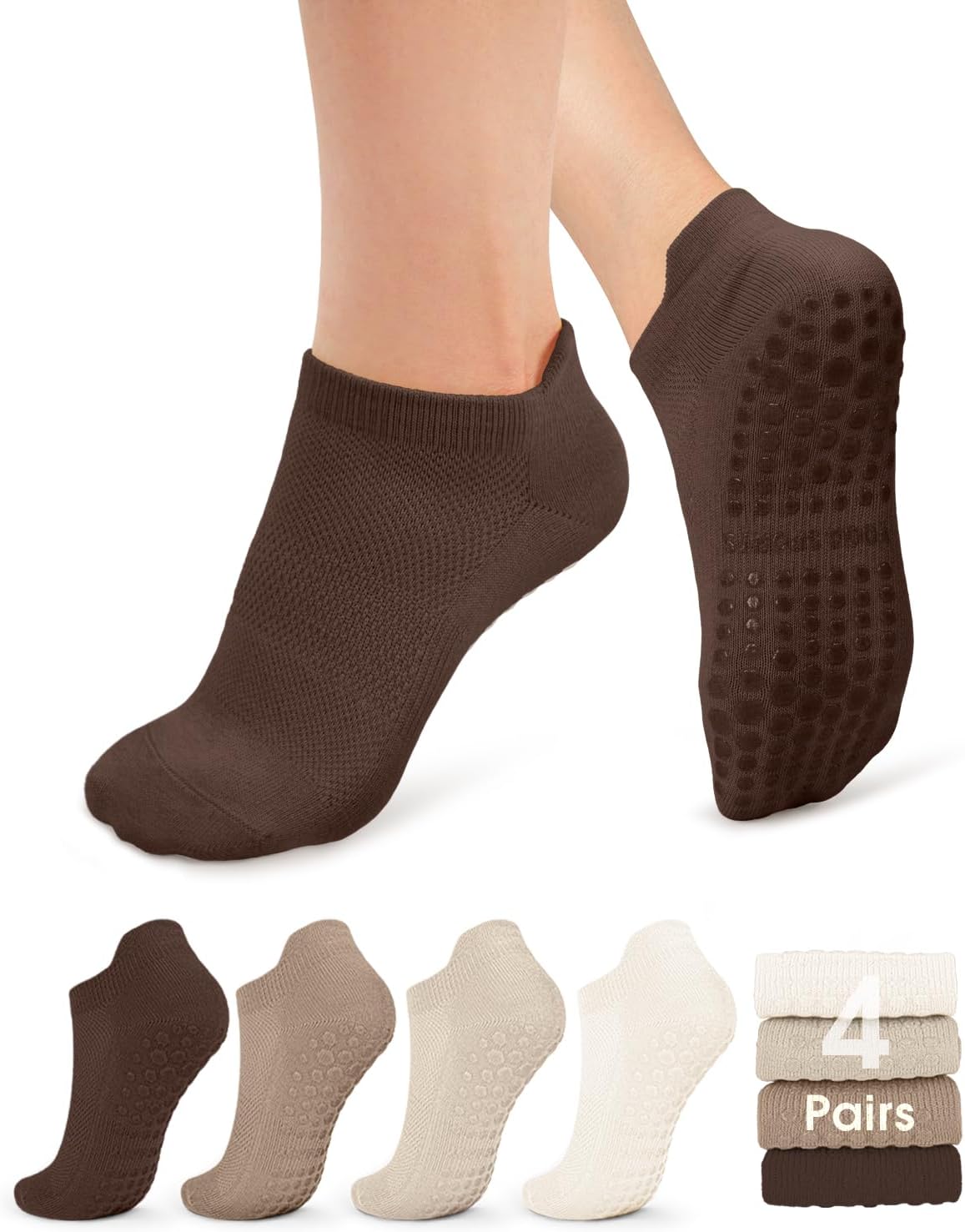 yeuG Pilates Socks for Women Non Slip Grip Socks for Yoga, Barre, Hospital, Barefoot Grippy Yoga Sock Womens Gifts 4 Pairs