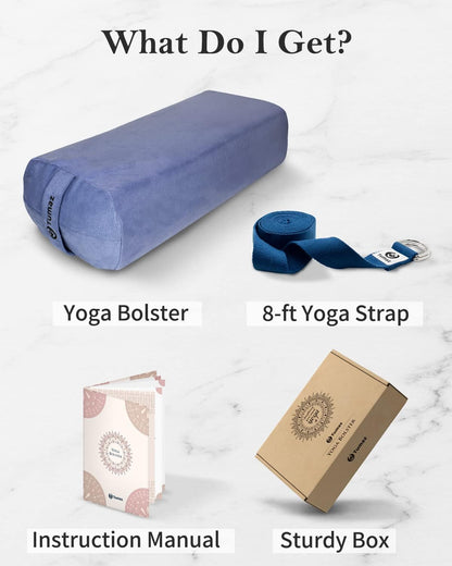 Tumaz Yoga Bolster Set - Rectangular Bolster Pillow for Restorative Yoga, Soft Meditation Pillow with Carry Handle and 8-Feet Strap, Machine Washable Cover
