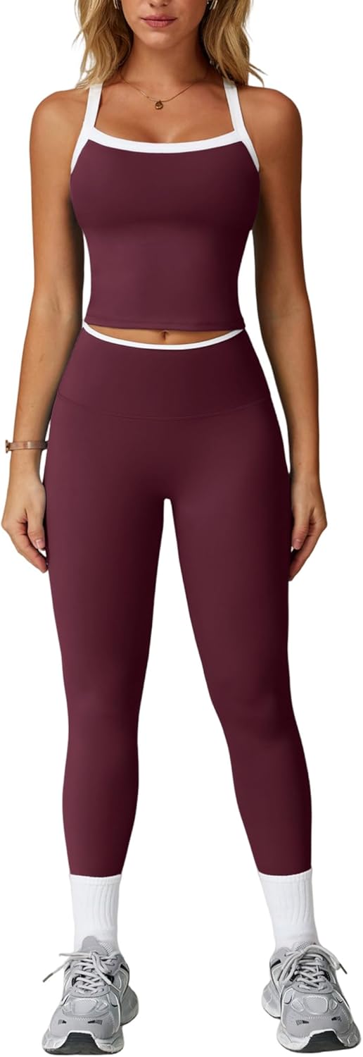 Women 2 Piece Workout Sets Padded Criss Cross Back Crop Tank High Waist Tummy Control Active Leggings Sets Yoga Outfit