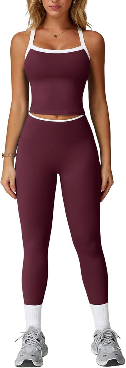 Women 2 Piece Workout Sets Padded Criss Cross Back Crop Tank High Waist Tummy Control Active Leggings Sets Yoga Outfit