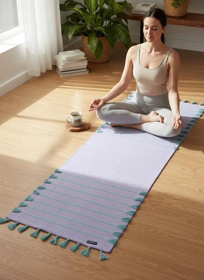 Indian Handmade100 % Organic Anti Skid Multi Colour Cotton Yoga Mat - Eco-Friendly Hand-Woven Rug - Non-Slip & Thick (24”x72”x5mm) for Hot yoga & Everyday Fitness at Home - Comfortable & Foldable Extra-Long Mat