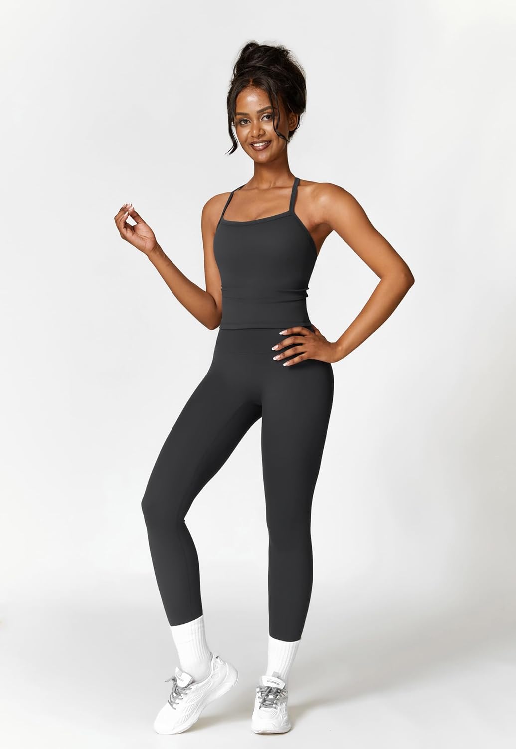 Women 2 Piece Workout Sets Padded Criss Cross Back Crop Tank High Waist Tummy Control Active Leggings Sets Yoga Outfit