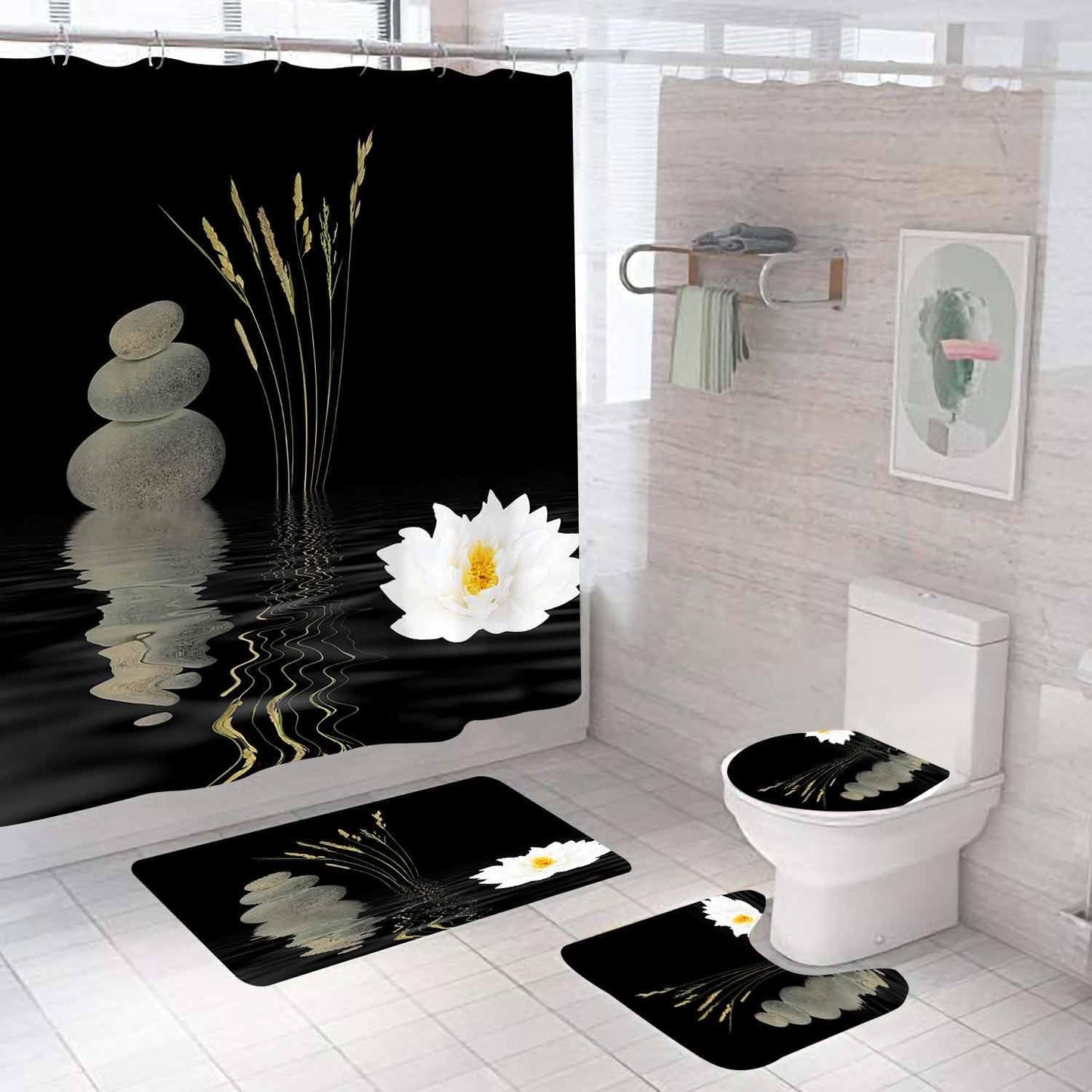 4PCS Spa Zen Shower Curtain Sets with Rugs, White Shower Curtain, Pink Floral Orchid Lotus Water Lily Stone Bamboo Water Reflection Yoga Massage Relaxing Spiritual Meditation Bathroom Decor