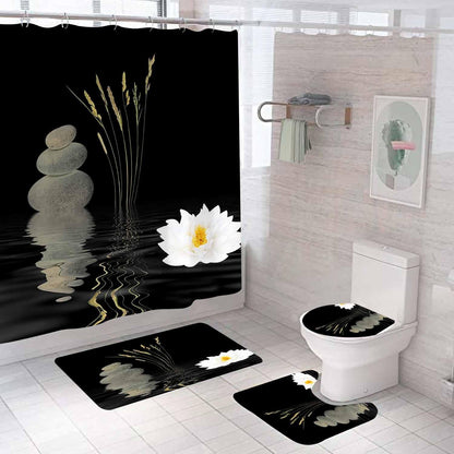 4PCS Spa Zen Shower Curtain Sets with Rugs, White Shower Curtain, Pink Floral Orchid Lotus Water Lily Stone Bamboo Water Reflection Yoga Massage Relaxing Spiritual Meditation Bathroom Decor