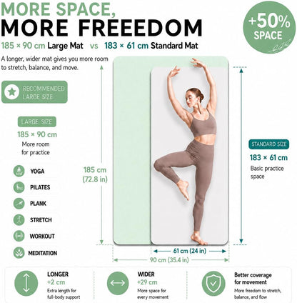Thick TPE Yoga Mat, Non-Slip Eco-Friendly Exercise Mat with Carrying Strap for Yoga, Pilates and Home Workouts, Standard and Extra Wide Options