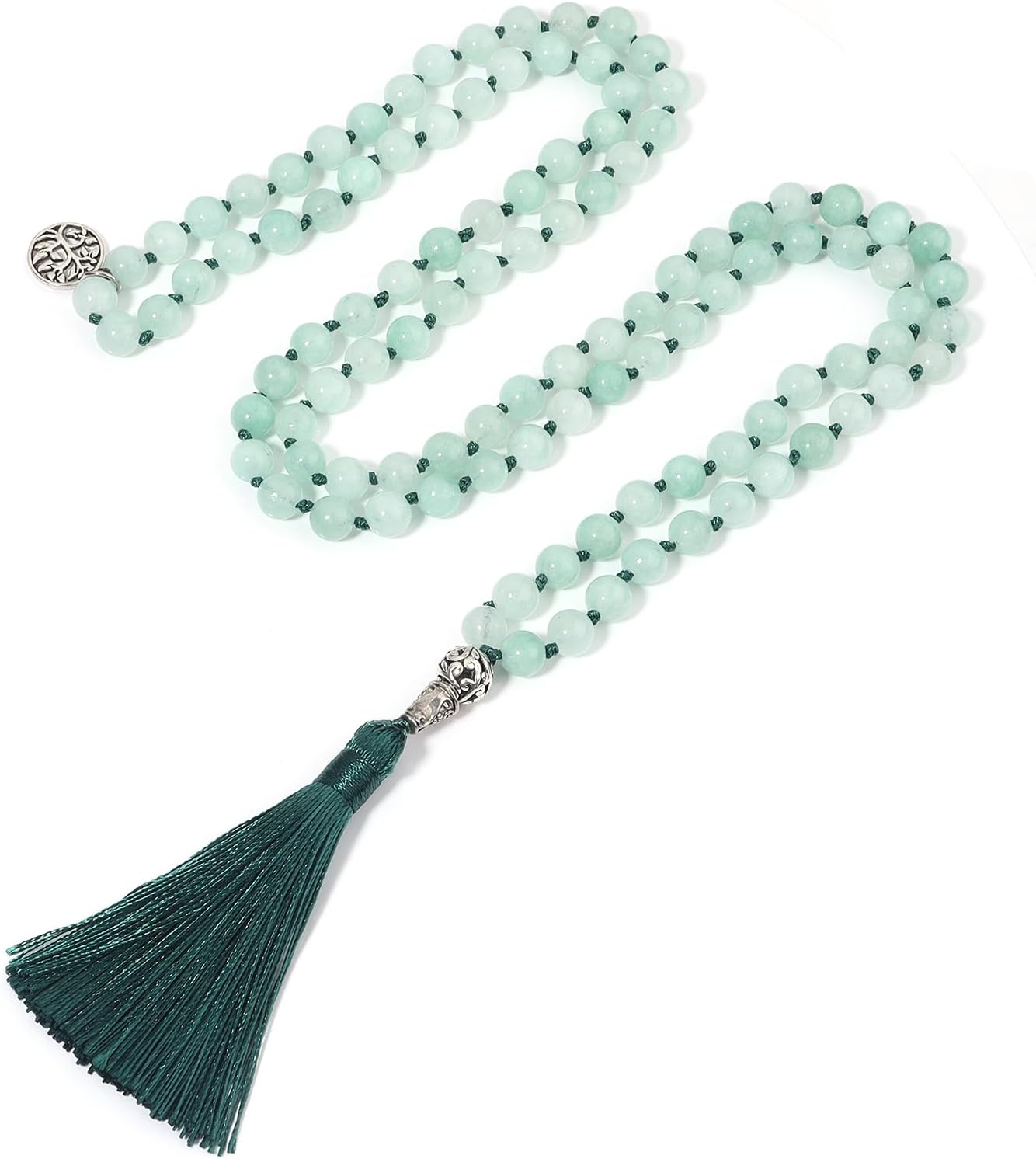 108 Mala Beads Necklace Semi-Precious Gem Stones Meditation Necklace 108 Hand Knotted Japa Mala Beaded Tassel Necklace with Tree of Life Pendant
