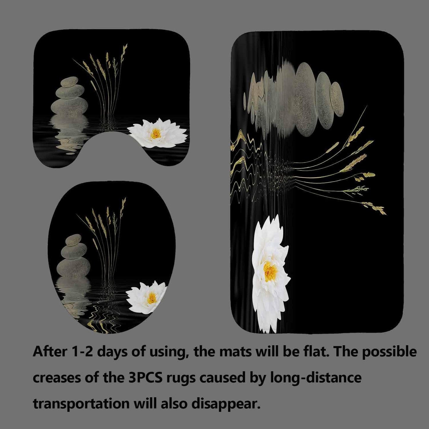 4PCS Spa Zen Shower Curtain Sets with Rugs, White Shower Curtain, Pink Floral Orchid Lotus Water Lily Stone Bamboo Water Reflection Yoga Massage Relaxing Spiritual Meditation Bathroom Decor
