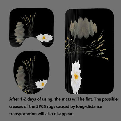 4PCS Spa Zen Shower Curtain Sets with Rugs, White Shower Curtain, Pink Floral Orchid Lotus Water Lily Stone Bamboo Water Reflection Yoga Massage Relaxing Spiritual Meditation Bathroom Decor