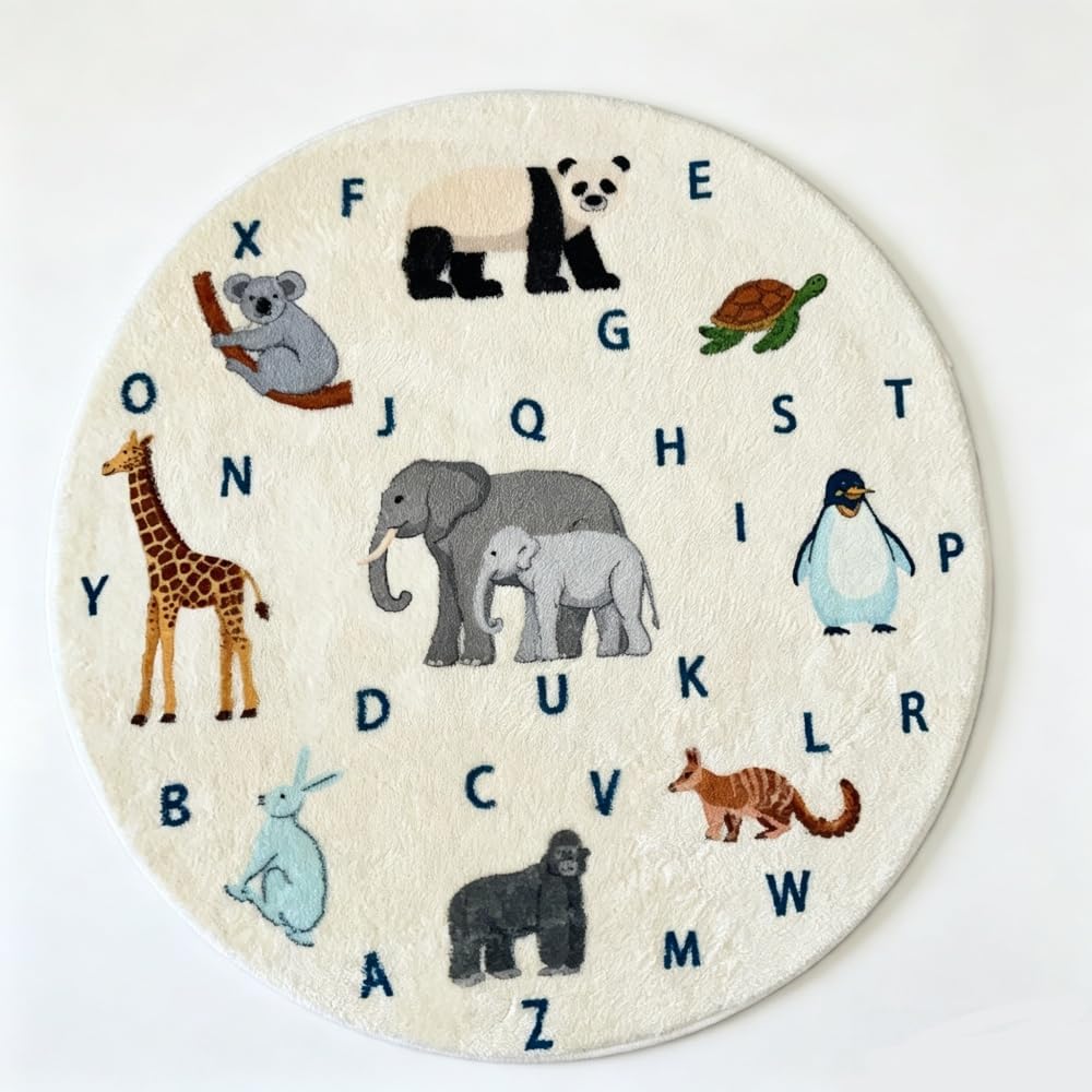 Poowe Cute Animals Kids Room Rug,39.4" Round Washable Area Rugs Rabbit Rug Nursery Rug for Baby Boys Girls Play Mat Floor Carpet Non Slip Soft Rugs for Living Room Bedroom Playroom Classroom