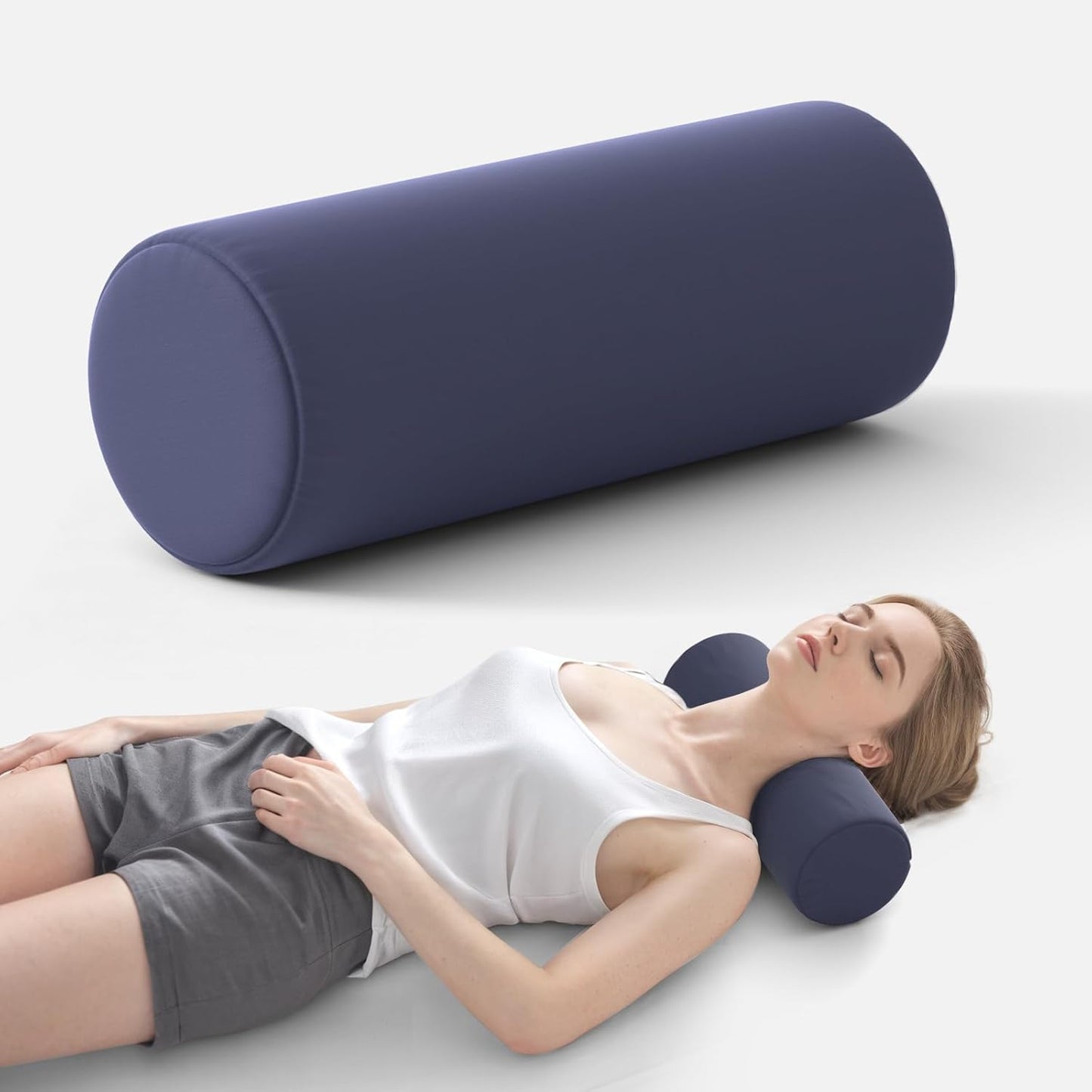 Neck Roll Pillow, Memory Foam Neck Support Pillows, Round Neck Pillows, Cylinder Bolster Pillows for Bed, Couch, and Yoga, Removable Washable Cover,18 * 4.1 * 4.1inch (Cool-Blue)