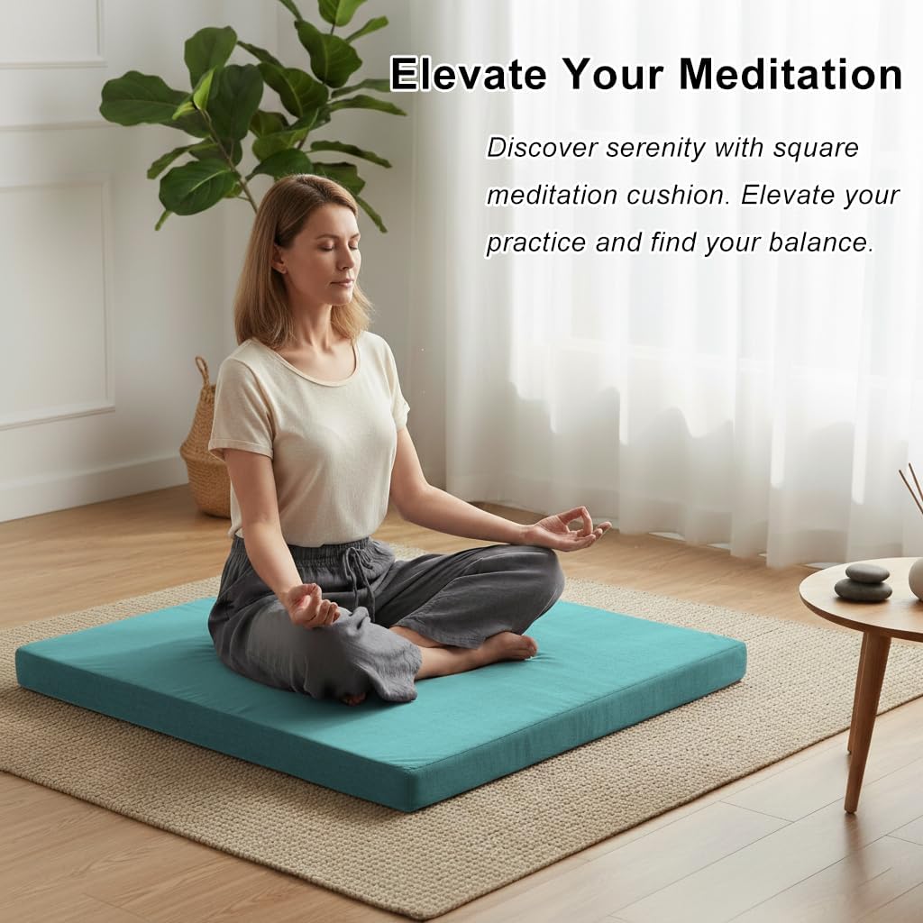 Velvet Zabuton Meditation Mat - Large Floor Pillow for Adults & Yoga Meditation Cushion - High Density Foam Floor Seating with Washable Cover, 31x31 Inch (Green)