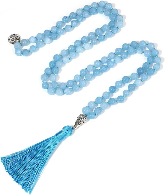 108 Mala Beads Necklace Semi-Precious Gem Stones Meditation Necklace 108 Hand Knotted Japa Mala Beaded Tassel Necklace with Tree of Life Pendant