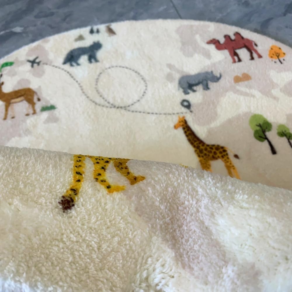 Poowe Cute Animals Kids Room Rug,39.4" Round Washable Area Rugs Rabbit Rug Nursery Rug for Baby Boys Girls Play Mat Floor Carpet Non Slip Soft Rugs for Living Room Bedroom Playroom Classroom