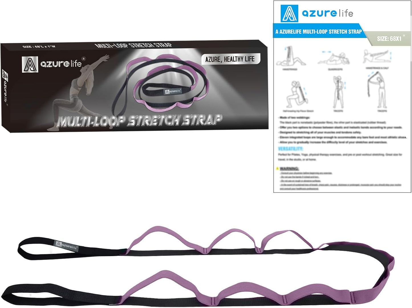 A AZURELIFE Half-Elastic Stretch Straps with 11 Loops, Stretching Strap for Physical Therapy, Multi-Loop Yoga Strap Fitness Exercise Strap for Yoga, Pilates, Dance, Flexibility&Exercise
