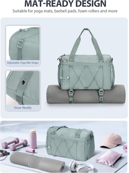 Small Gym Bag for Women with Yoga Mat Holder and Wet Compartment, Mini Gym Duffle Bag Yoga Bag with Water Bottle Pocket for Workout Travel, Green