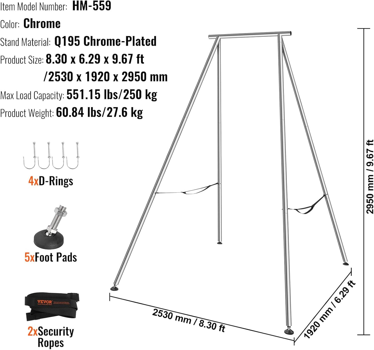 VEVOR Yoga Stand Frame, Max 441-551 lbs Load Swing Stand, Triangular Structure Aerial Rig, Aerial Silk Stands with Yoga Hammock, Standard & Height-Adjustable Version