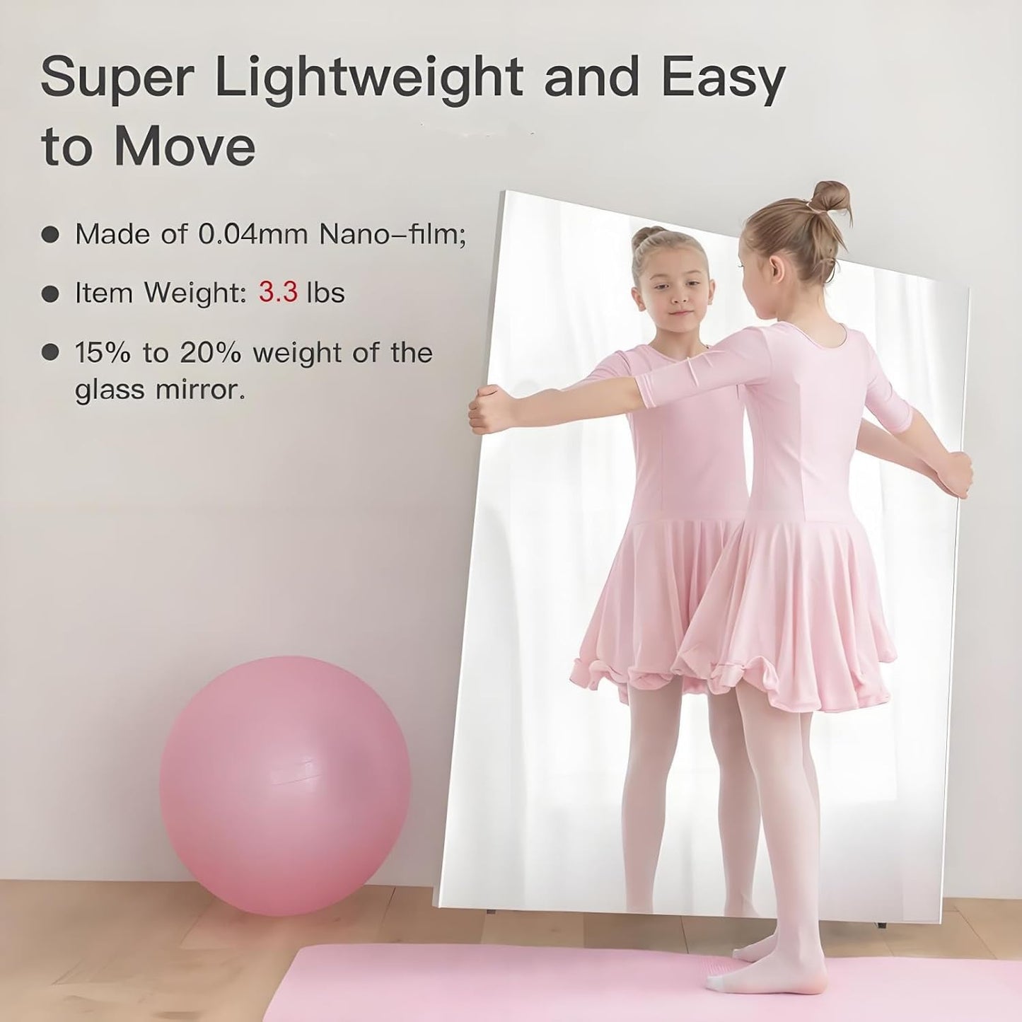brisafe 67"x24" Ultra-Light Mobile Floor Mirror with 360° Wheels, 0.04mm Shatterproof Nano Film for Home Gym/Yoga/Dance Studio & Commercial Use | 60% Insurance Savings | Black