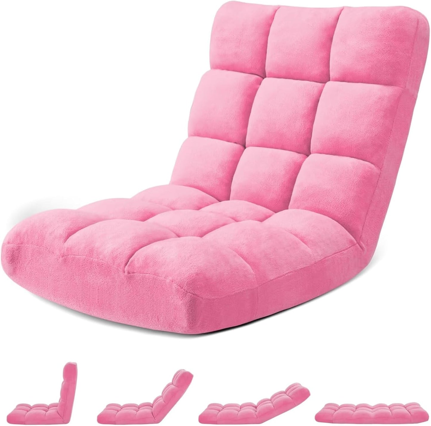 Folding Floor Gaming Chair 14-Poistion Cushioned Adjustable Floor Lazy Sofa Chair w/Breathable Cotton & Skin-Friendly Coral Velve for Adults & Kids Perfect for Reading Gaming Meditating, Grey