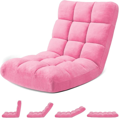 Folding Floor Gaming Chair 14-Poistion Cushioned Adjustable Floor Lazy Sofa Chair w/Breathable Cotton & Skin-Friendly Coral Velve for Adults & Kids Perfect for Reading Gaming Meditating, Grey