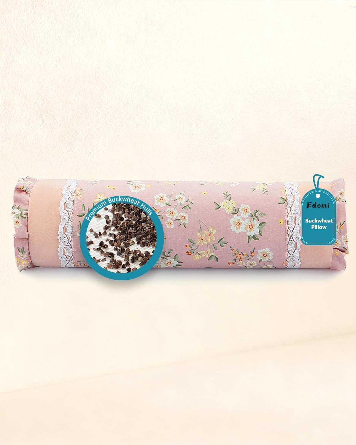 Buckwheat Hull Neck Roll Pillow -15.7" x4.7” Adjustable Firmness Cervical Support for Sleep & Yoga, Cooling Floral Cotton Cover, Ergonomic Bolster Pillow, Blue
