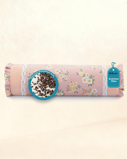 Buckwheat Hull Neck Roll Pillow -15.7" x4.7” Adjustable Firmness Cervical Support for Sleep & Yoga, Cooling Floral Cotton Cover, Ergonomic Bolster Pillow, Blue