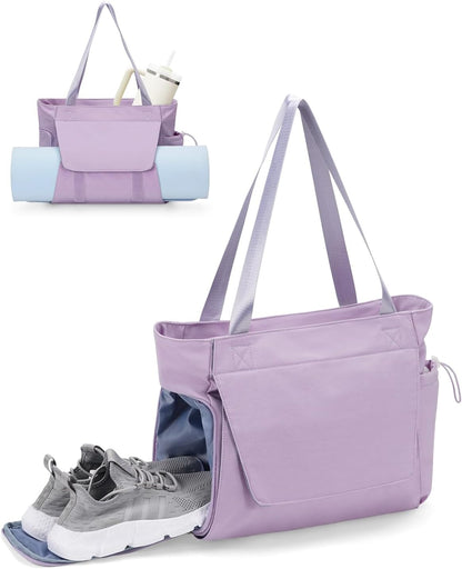 sportsnew Gym Bag for Women, 19L Yoga Mat Bag with Shoe Compartment & Wet Dry Pocket, Gym Tote Bag with Hook-and-loop Yoga Mat Holder, Quick Access Storage, for Workout Travel Pilates Dance