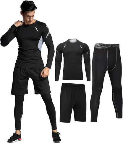 3 PCS Men's Compression Set - Workout Long Sleeve Top & Pants with running Shorts | Moisture-Wicking Gym Bundle