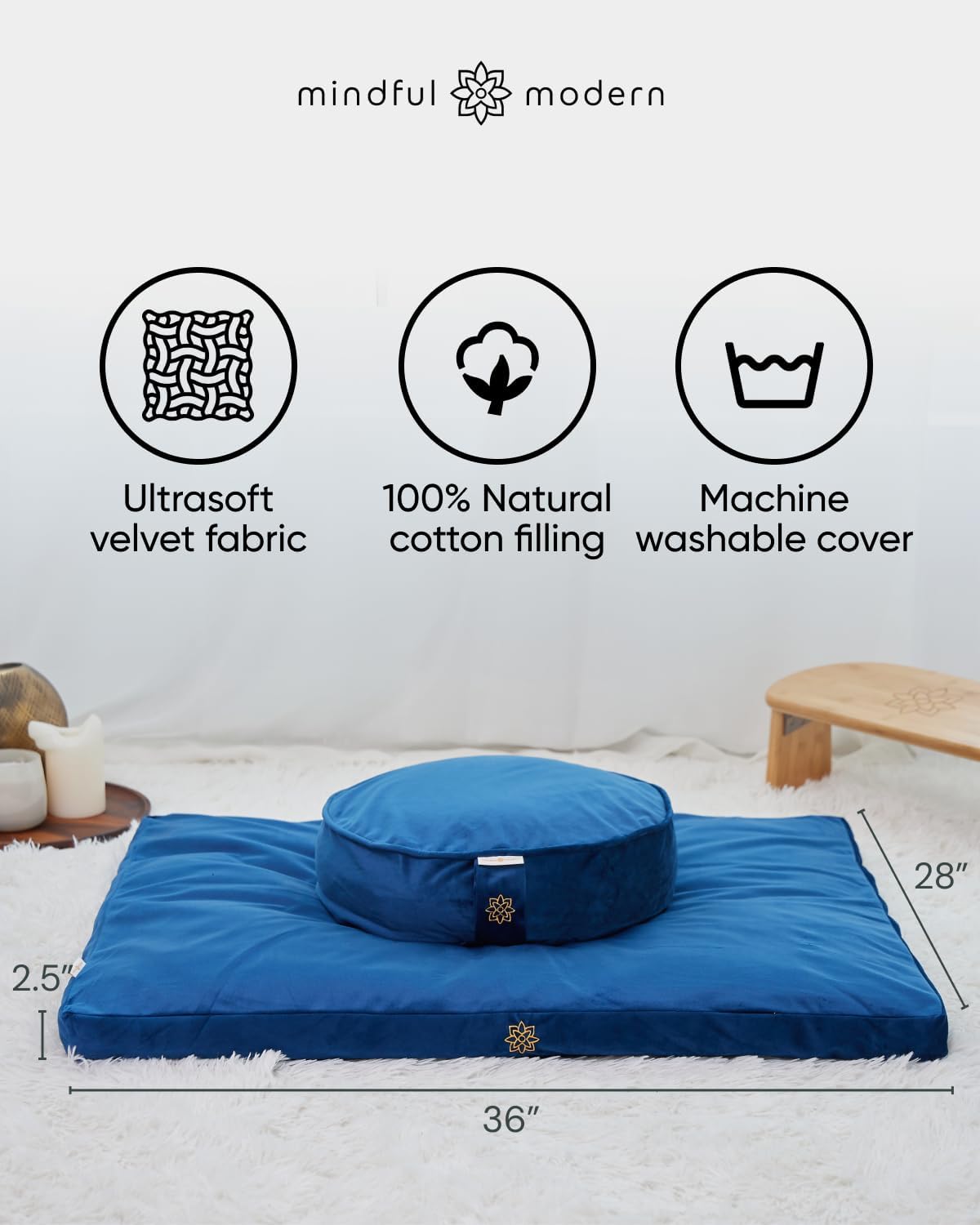 Mindful & Modern Zabuton Meditation Mat - Cotton Filled Yoga and Meditation Pad - Zabuton Meditation Cushion for Kneeling and Sitting Support - Large Rectangular Sitting Floor Pillow for Bench or Zafu