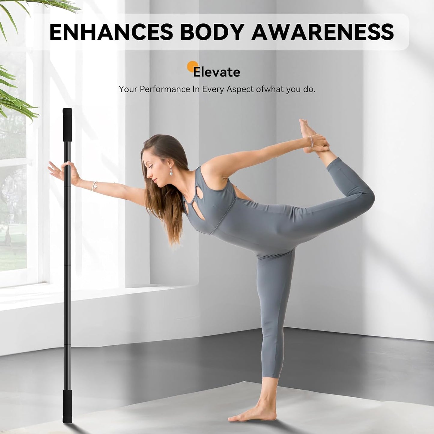 Krightlink Yoga Stick 5ft Adjustable Stretching Stick, Versatile Exercise Stick Non-Slip Ends and Sponge Handles for Fitness, Flexibility and Balance, Posture Correction - Black